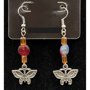 Handmade Butterfly Red Iridescent & Orange Glass Bead Earrings by Neanie-Bot